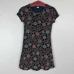 Vintage Clue 90s Y2K Floral Mod Terry Mesh Mini Dress S/S Black Multi Small